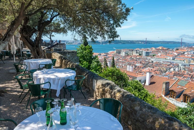 Terraza del mirador del castillo de San Jorge en Lisboa